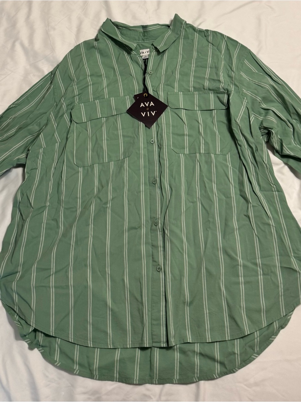 Ava & Viv Green Striped Casual Button-Down Shirt